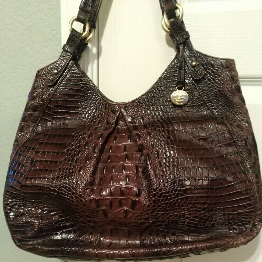 BRAHMIN Brown XL CROC Embossed Leather Shoulder Handbag Tote HOBO